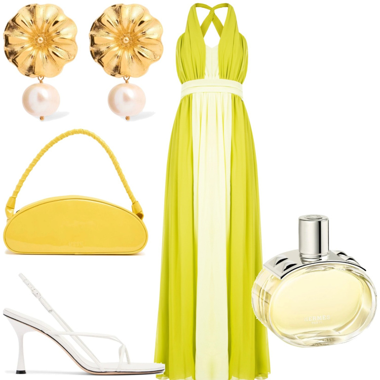 Outfit donna - Total look #2204708. Stile Glamour per Cerimonia. Abbinamento con profumi, vestiti lunghi, sandali in pelle, orecchini, borse a spalla.