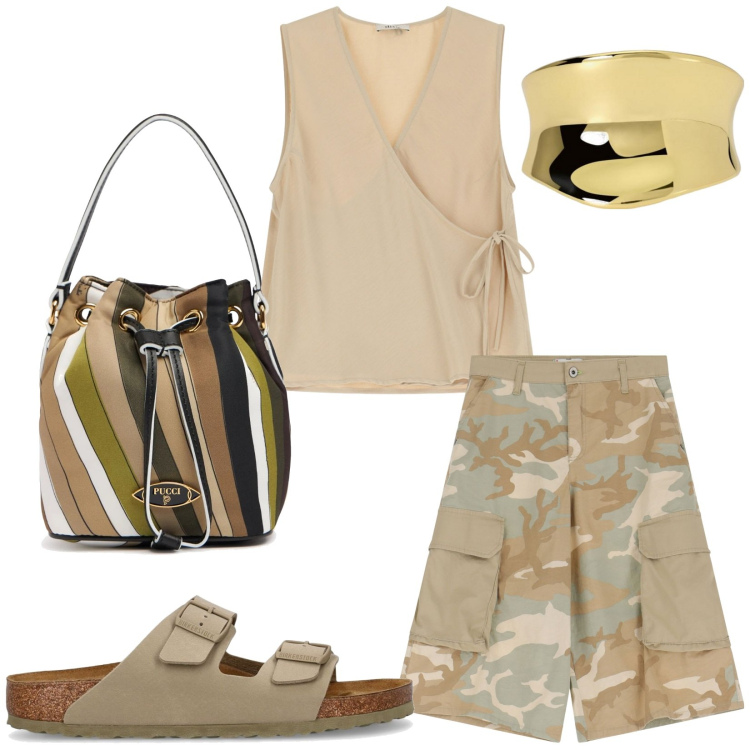 Outfit donna - Total look #2204711. Stile Military per Mare. Abbinamento con anelli, bermuda, top, sandali, borse a mano.