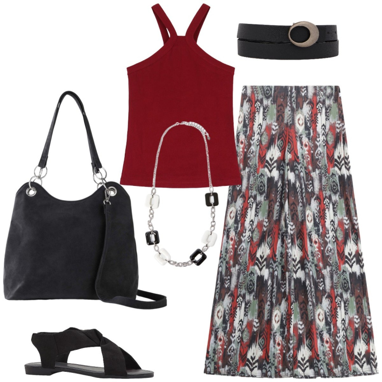 Outfit donna - In vacanza. Stile Casual per Tutti i giorni. Abbinamento con sandali, borse a mano, pantaloni, top, cinture, collane.