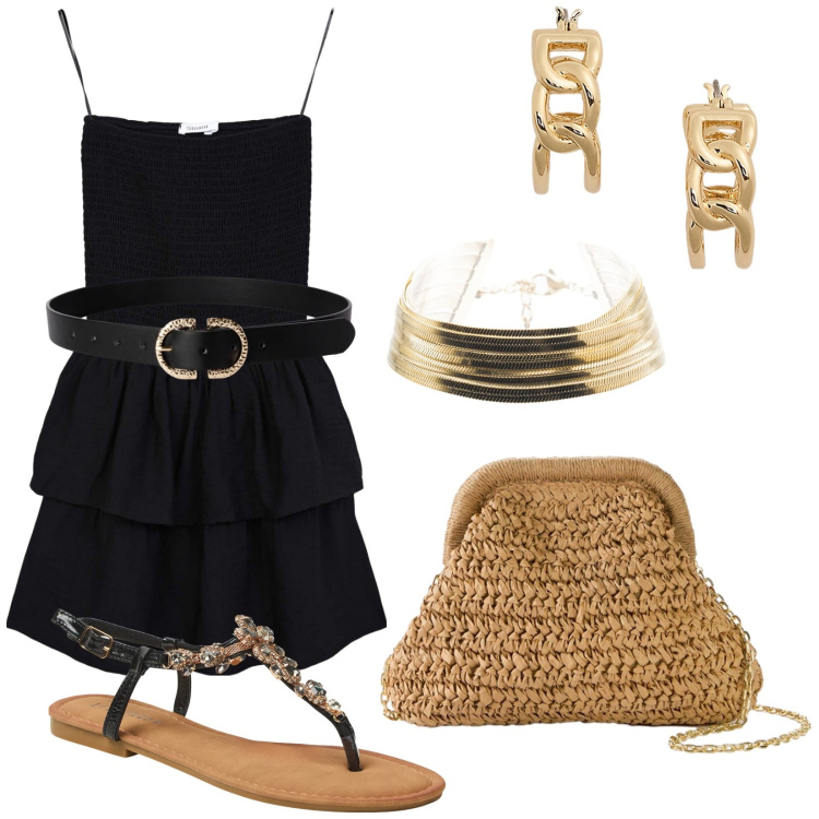 Outfit donna - Total look #2204726. Stile Trendy per Tutti i giorni. Abbinamento con borse a tracolla, cinture, vestiti corti, sandali gioiello, braccialetti, orecchini.