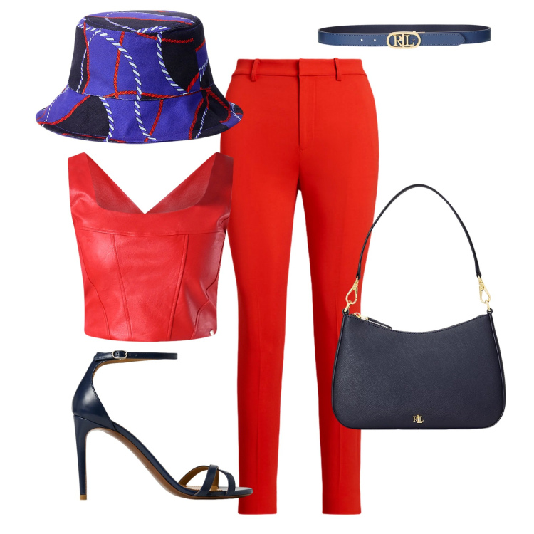Outfit donna - Accessori in primo piano. Stile Sexy per Serata fuori. Abbinamento con top, borse a spalla, pantaloni, cinture, cappelli, sandali col tacco.