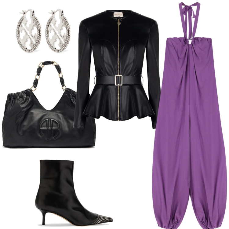 Outfit donna - Glamour la sera in costiera. Stile Glamour per Serata fuori. Abbinamento con blazer, tute, shopping bag, orecchini, stivali.