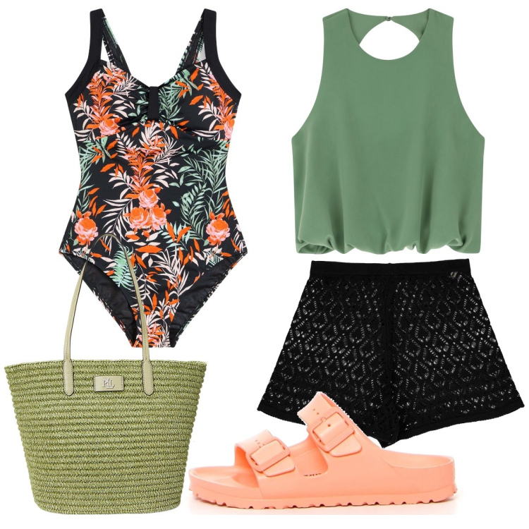 Outfit donna - Il costume intero fantasia. Stile Trendy per Mare. Abbinamento con costumi interi, top, shorts, borse tote, ciabatte.