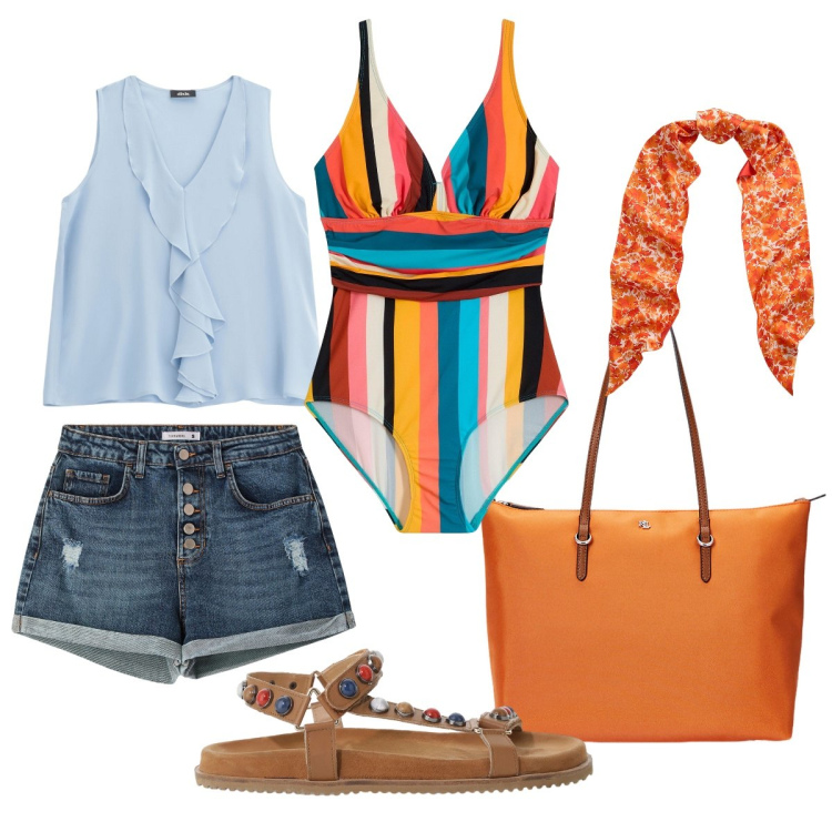 Outfit donna - Il costume intero a righe colorate. Stile Casual chic per Mare. Abbinamento con costumi interi, shorts, top, sandali, borse tote, sciarpe.