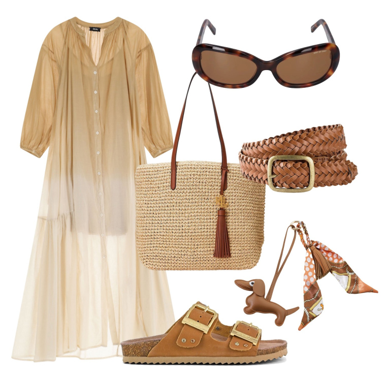 Outfit donna - Gli accessori coordinati. Stile Trendy per Tutti i giorni. Abbinamento con cinture, vestiti lunghi, portachiavi, borse tote, sandali, occhiali da sole.