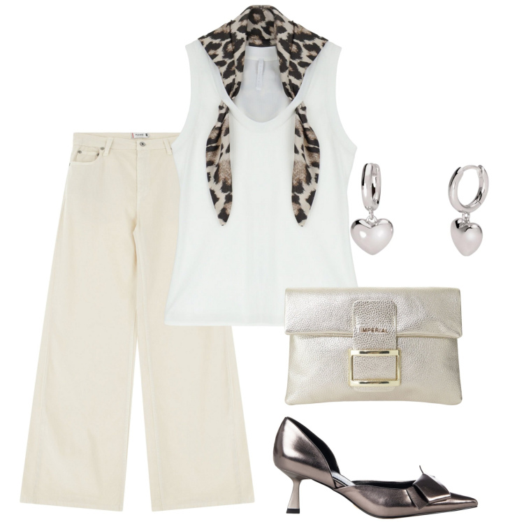 Outfit donna - Cena con un\' amica. Stile Casual per Serata fuori. Abbinamento con orecchini, décolleté, pantaloni, pochette, top.