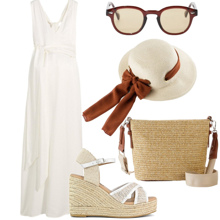 Outfit donna - Total look #2204741. Stile Boho per Mare. Abbinamento con vestiti, cappelli, borse a tracolla, occhiali da sole, zeppe.