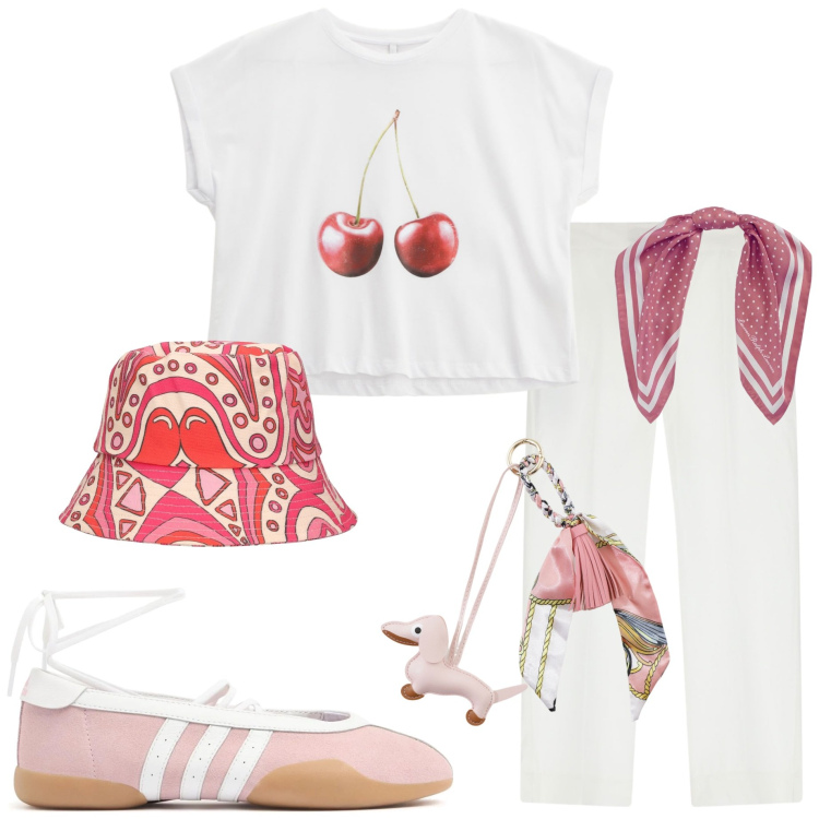 Outfit donna - Accessori in primo piano. Stile Casual chic per Tutti i giorni. Abbinamento con t-shirt, pantaloni, portachiavi, foulard, sneakers, cappelli.