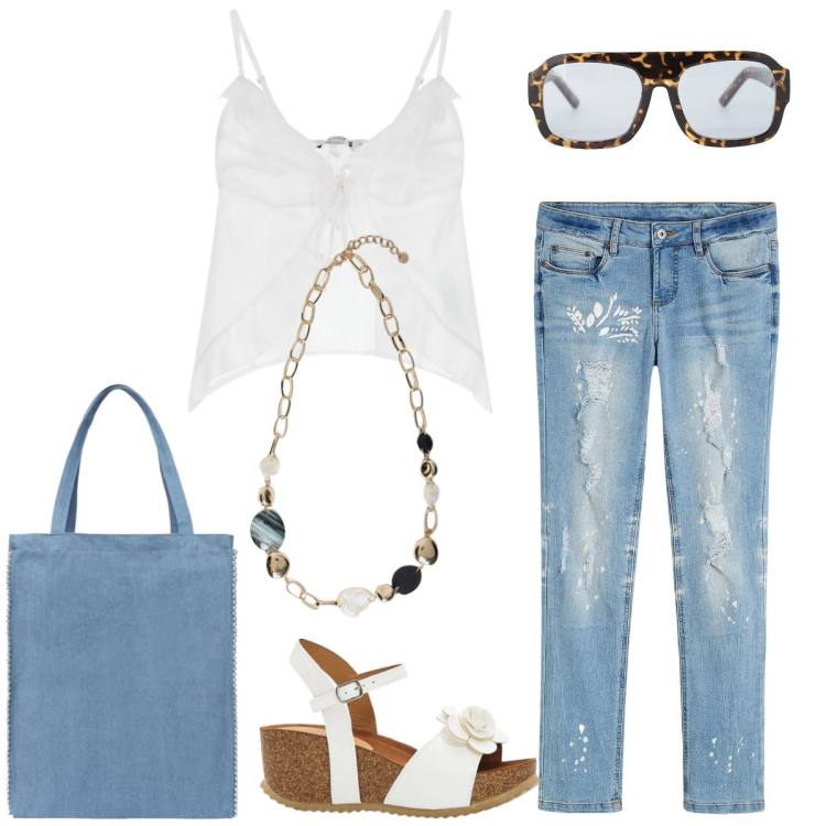 Outfit donna - In vacanza. Stile Casual per Tutti i giorni. Abbinamento con jeans strappati, sandali, borse tote, top, occhiali da sole, collane.