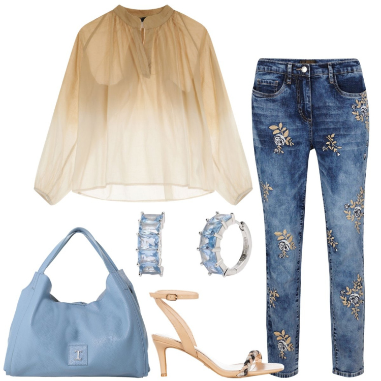 Outfit donna - In jeans. Stile Casual chic per Tutti i giorni. Abbinamento con jeans, orecchini, sandali in pelle, pochette, camicie.