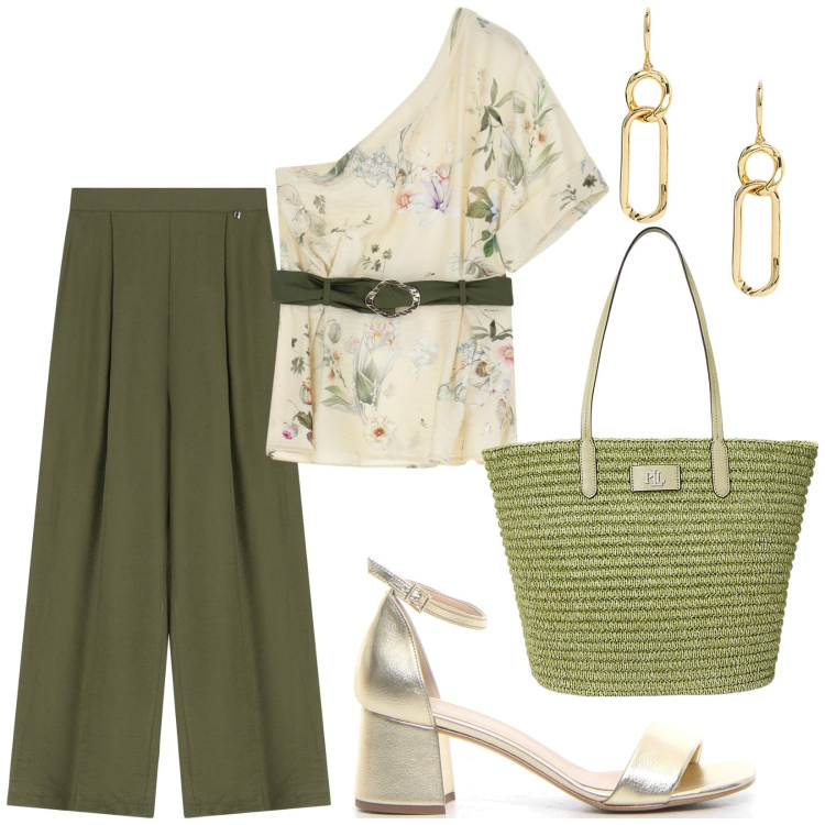 Outfit donna - Total look #2204755. Stile Bon Ton per Ufficio. Abbinamento con top, pantaloni, orecchini, borse tote, sandali col tacco.