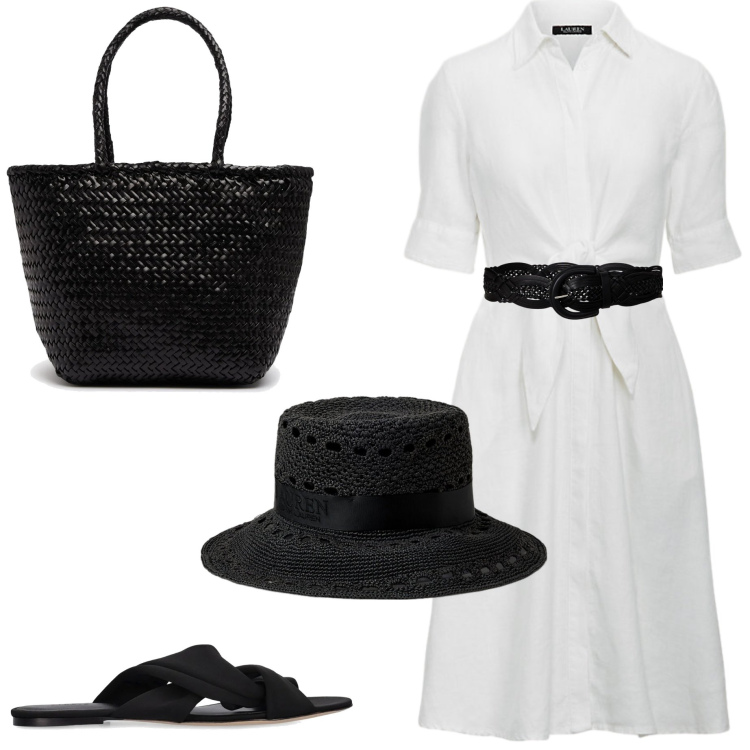Outfit donna - Accessori in primo piano. Stile Chic per Tutti i giorni. Abbinamento con cinture, vestiti chemisier, cappelli, borse a secchiello, sandali col tacco.