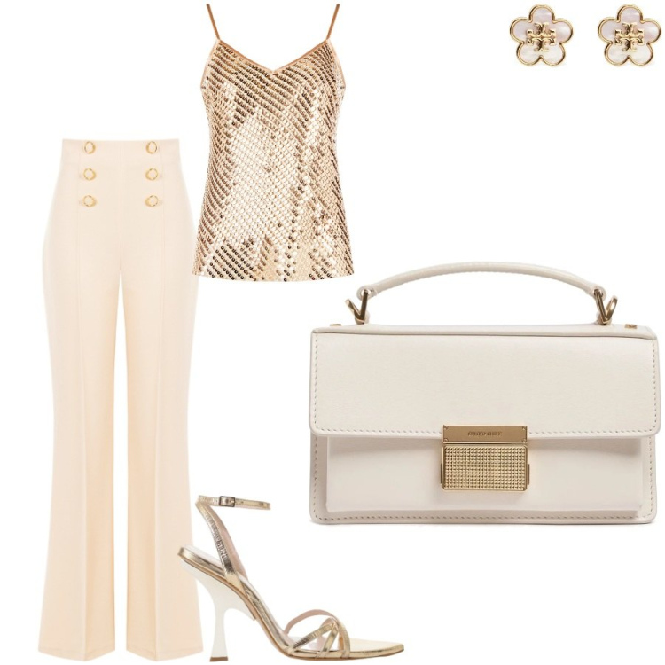 Outfit donna - La raffinatezza del crema e oro. Stile Chic per Serata fuori. Abbinamento con pantaloni, canottiere, sandali col tacco, orecchini, borse a mano.