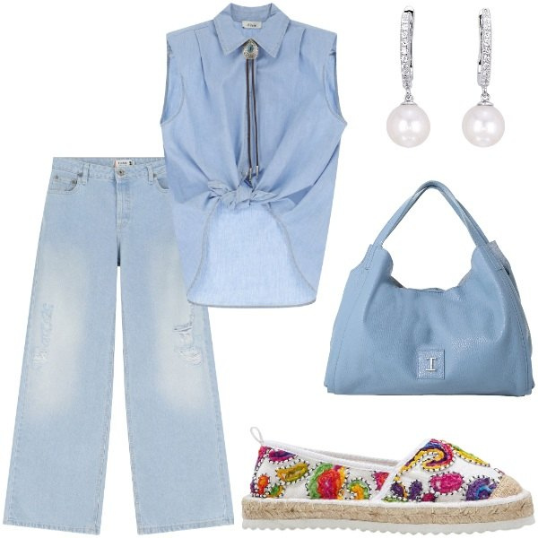 Outfit donna - Le serate di Luglio. Stile Casual chic per Tutti i giorni. Abbinamento con espadrillas, orecchini, jeans strappati, pochette, camicie.