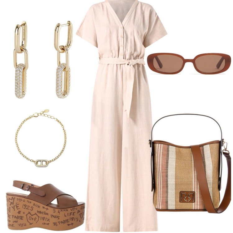 Outfit donna - In vacanza. Stile Casual per Tutti i giorni. Abbinamento con tute, borse a secchiello, orecchini, braccialetti, zeppe, occhiali da sole.