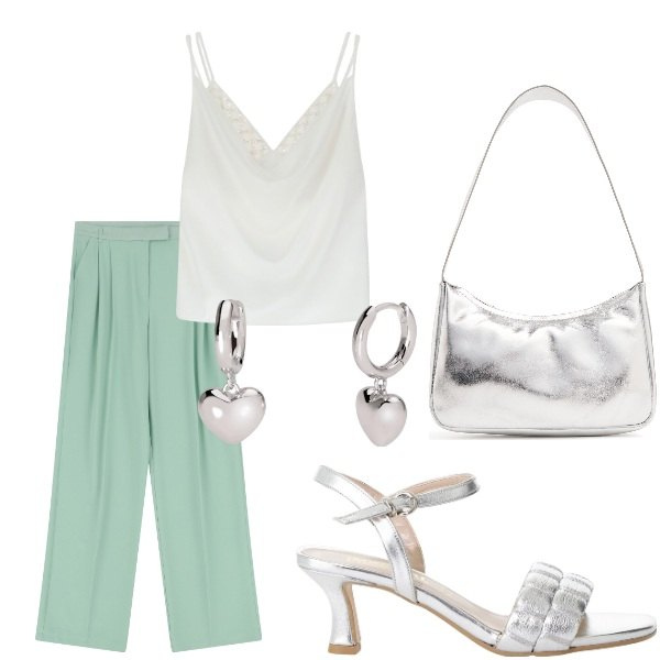 Outfit donna - Le serate di Luglio. Stile Casual per Serata fuori. Abbinamento con orecchini, sandali col tacco, pantaloni, canottiere, borse a spalla.