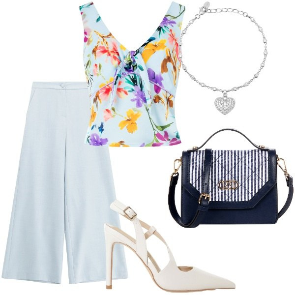 Outfit donna - A cena fuori. Stile Casual chic per Serata fuori. Abbinamento con top, borse a mano, braccialetti, pantaloni, décolleté.