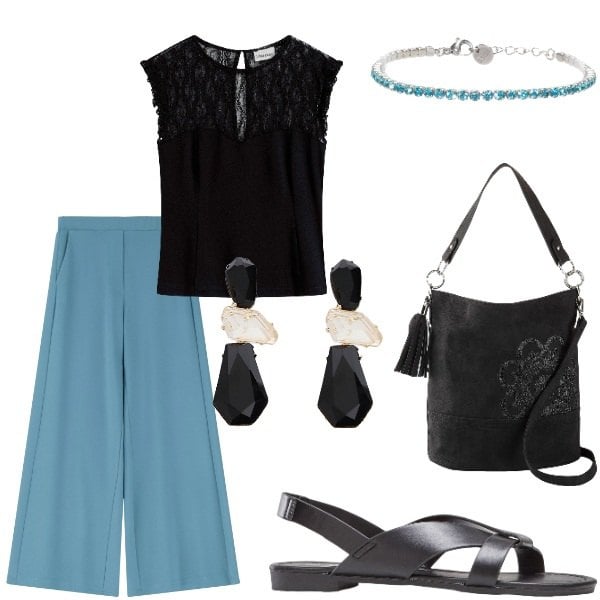 Outfit donna - Le serate di Luglio. Stile Casual chic per Serata fuori. Abbinamento con borse a mano, sandali, top, pantaloni, braccialetti, orecchini.