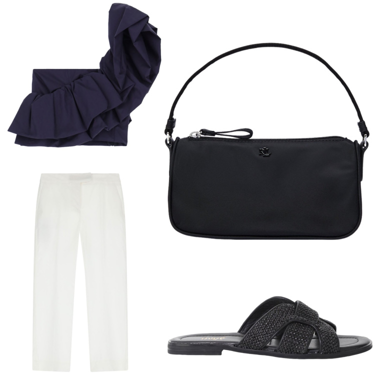 Outfit donna - Aperitivo. Stile Trendy per Tutti i giorni. Abbinamento con top, pantaloni, sandali, pochette.