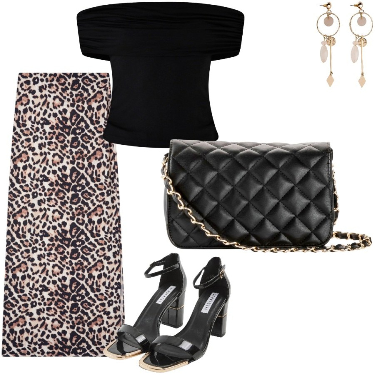 Outfit donna - La gonna trend di Terranova. Stile Trendy per Serata fuori. Abbinamento con borse a tracolla, orecchini, gonne lunghe, sabot, top.