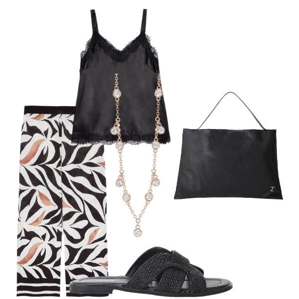 Outfit donna - Le serate di Luglio. Stile Casual chic per Tutti i giorni. Abbinamento con collane, borse a spalla, sandali, canottiere, pantaloni.