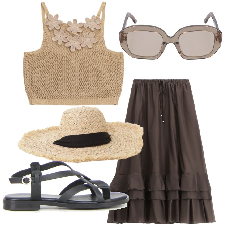 Outfit donna - Total look #2204780. Stile Vintage retrò per Tutti i giorni. Abbinamento con gonne lunghe, cappelli, top, sandali, occhiali da sole.