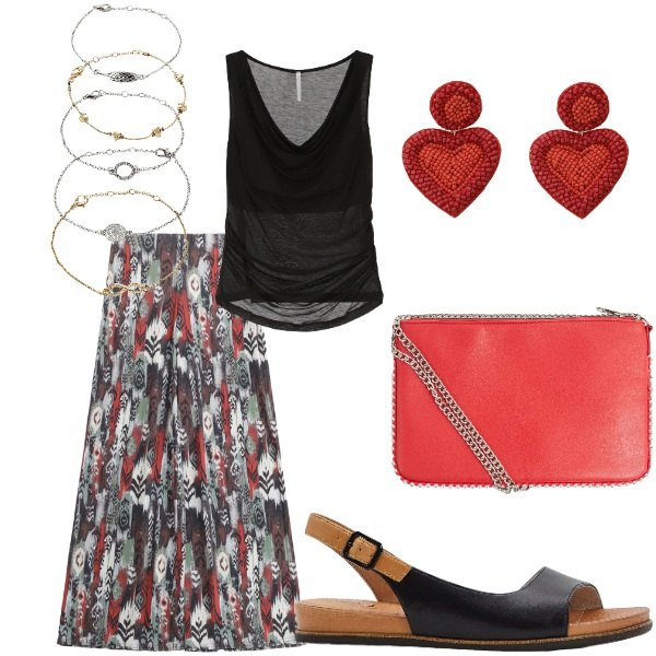 Outfit donna - Le serate di Luglio. Stile Casual chic per Tutti i giorni. Abbinamento con sandali, braccialetti con ciondoli, borse a tracolla, top, pantaloni, orecchini.