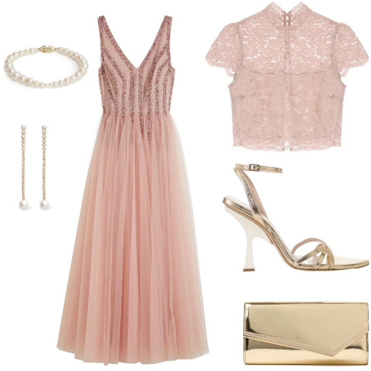 Outfit donna - Bella in rosa. Abbinamento con vestiti lunghi, top, sandali col tacco, pochette, orecchini, braccialetti.