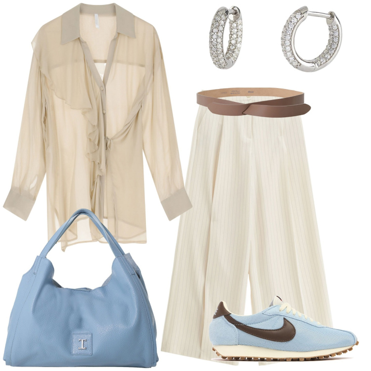 Outfit donna - Cielo e terra. Stile Casual per Tutti i giorni. Abbinamento con orecchini, pantaloni a palazzo, camicie, pochette, cinture, sneakers.