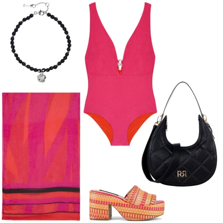 Outfit donna - Total look #2204794. Stile Chic per Mare. Abbinamento con braccialetti, borse a tracolla, costumi interi, zeppe, vestiti da spiaggia.