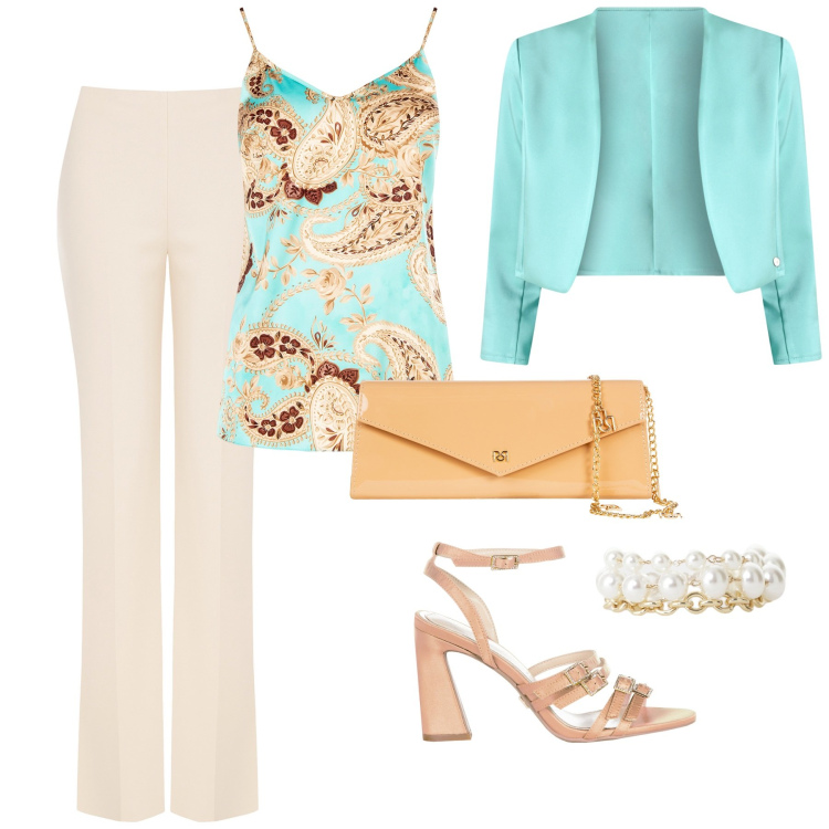 Outfit donna - Total look #2204797. Stile Chic per Cerimonia. look ideale per Tall. Abbinamento con braccialetti, top, pantaloni a palazzo, sandali col tacco, bolero, pochette.