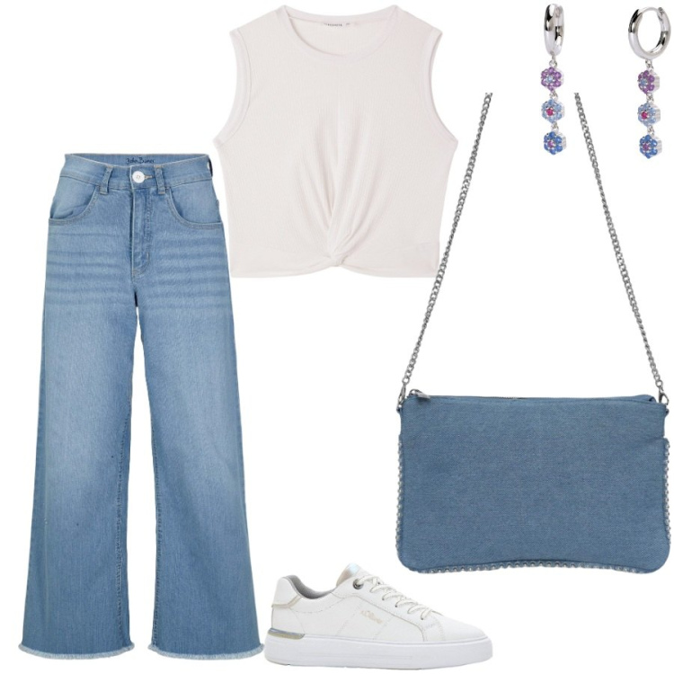 Outfit donna - Borsa in denim. Stile Casual per Tutti i giorni. Abbinamento con jeans, sneakers, borse a tracolla, top, orecchini.