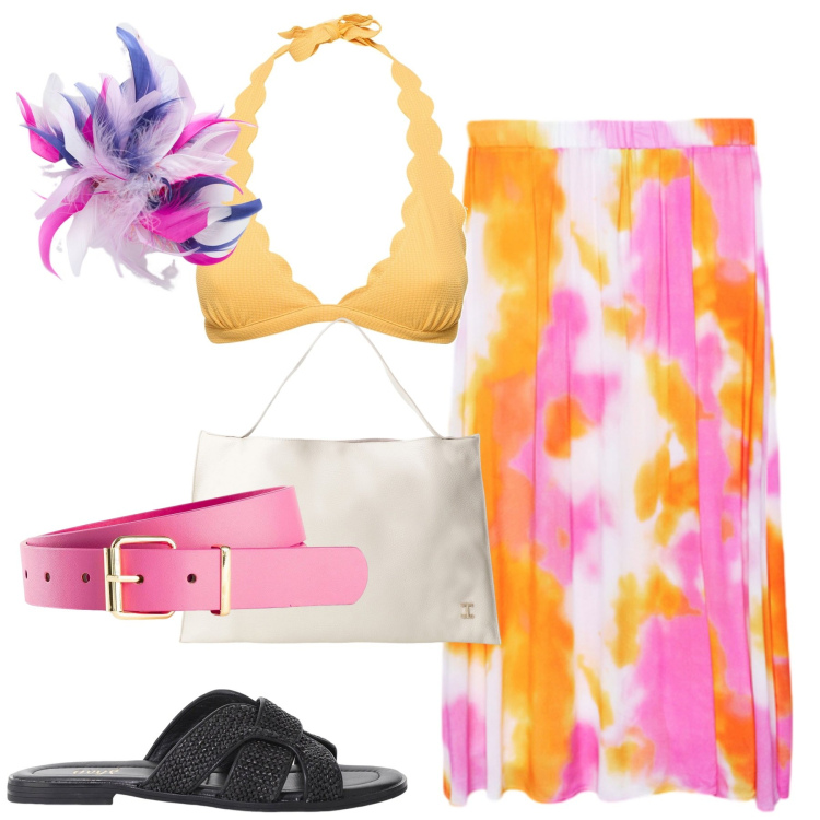 Outfit donna - Al mare. Stile Casual chic per Mare. Abbinamento con cinture, borse a spalla, sandali, gonne lunghe, bikini, accessori per capelli.