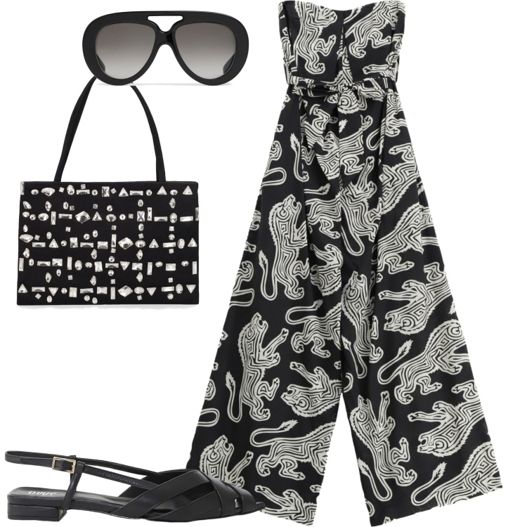 Outfit donna - Glam. Stile Glamour per Tutti i giorni. Abbinamento con tute, sandali, borse a spalla, occhiali da sole.