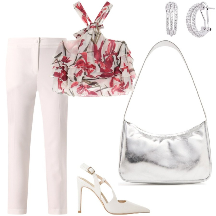 Outfit donna - Una cena di coppia. Stile Chic per Serata fuori. Abbinamento con orecchini, pantaloni, décolleté, canottiere, borse a spalla.