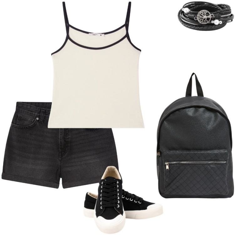 Outfit donna - Un po di relax al parco. Stile Casual per Tutti i giorni. Abbinamento con braccialetti, top, shorts, zaini, sneakers.