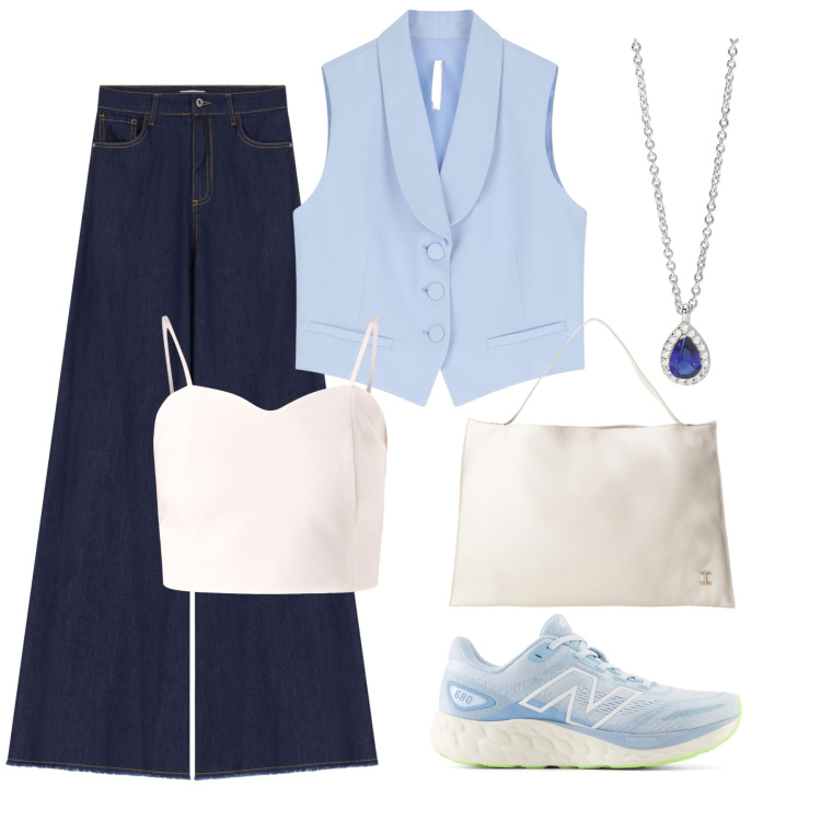 Outfit donna - Sprint color cielo. Stile Bon Ton per Tutti i giorni. Abbinamento con canottiere, collane, sneakers, gilet, borse a spalla, jeans a zampa.