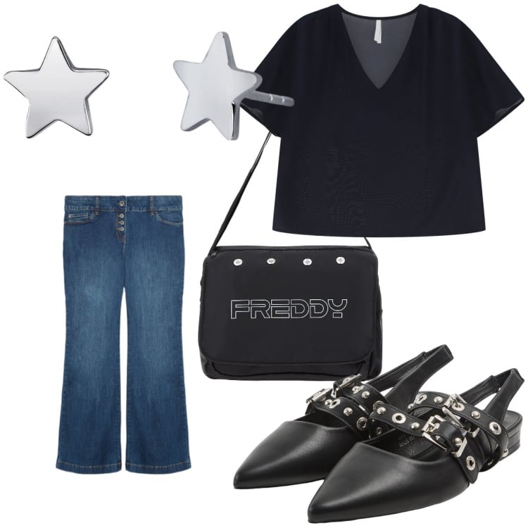 Outfit donna - Outfit. Stile Casual per Ufficio. Abbinamento con sabot, orecchini, bluse, borse messenger, jeans.