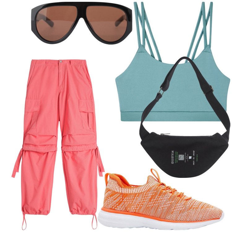 Outfit donna - Passeggiata di primo mattino. Stile Casual per Tutti i giorni. Abbinamento con sneakers, marsupi, canottiere, occhiali da sole, pantaloni cargo.