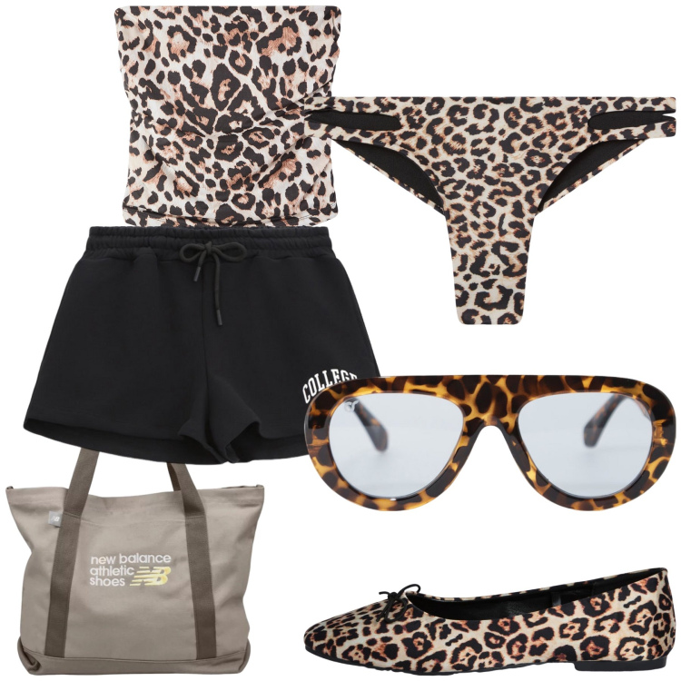 Outfit donna - Leo al mare. Stile Trendy per Mare. Abbinamento con top, bikini, ballerine, shopping bag, shorts, occhiali da sole.