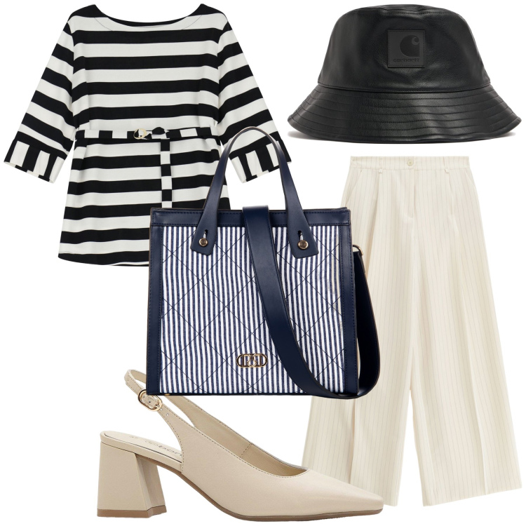 Outfit donna - Pronta per il lavoro. Stile Urban per Ufficio. Abbinamento con décolleté, shopping bag, pantaloni a palazzo, felpe, cappelli.