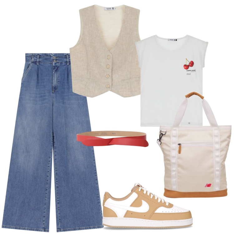 Outfit donna - Mai passare inosservata. Stile Casual chic per Tutti i giorni. Abbinamento con shopping bag, jeans, gilet, t-shirt, cinture, sneakers.