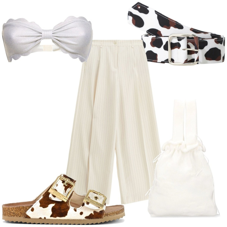 Outfit donna - Accessori in primo piano : la cintura. Stile Trendy per Mare. Abbinamento con pantaloni a palazzo, cinture, sandali in pelle, bikini, borse a mano.
