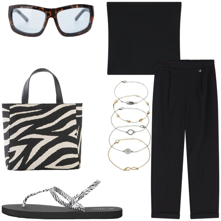 Outfit donna - Total look #2204890. Stile Basic per Tutti i giorni. Abbinamento con borse a mano, braccialetti con ciondoli, sandali, occhiali da sole, pantaloni, top.