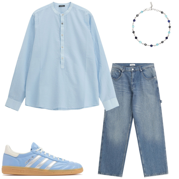 Outfit uomo - Serata d\' estate. Stile Casual per Serata speciale. Abbinamento con braccialetti, jeans, camicie, sneakers.