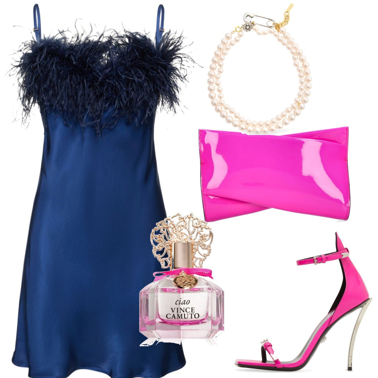 Outfit donna - Cena a Dubai. Stile Chic per Serata fuori. Abbinamento con profumi, vestiti, sandali in pelle, pochette, collane.