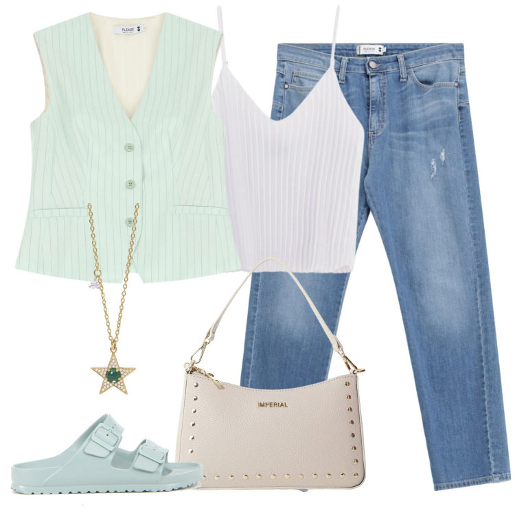 Outfit donna - Jeans e gilet. Stile Mannish per Tutti i giorni. Abbinamento con collane, gilet, top, jeans strappati, borse a spalla, ciabatte.