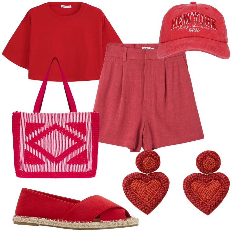 Outfit donna - Red Hearts. Stile Trendy per Tutti i giorni. Abbinamento con espadrillas, cappelli, t-shirt, bermuda, orecchini, borse a mano.