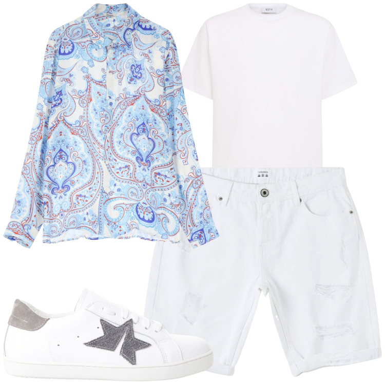 Outfit uomo - Aperitivo in spiaggia. Stile Trendy per Mare. Abbinamento con bermuda, camicie, sneakers, t-shirt.