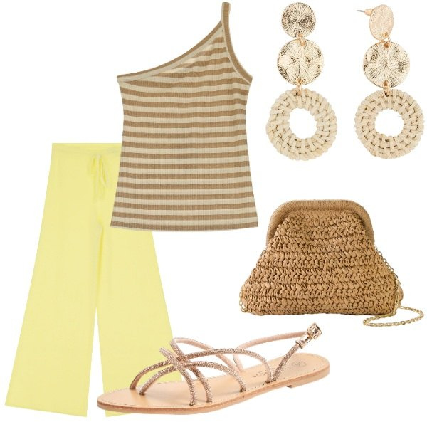 Outfit donna - Outifit di luglio. Stile Casual per Tutti i giorni. Abbinamento con orecchini, borse a tracolla, sandali, pantaloni, top.